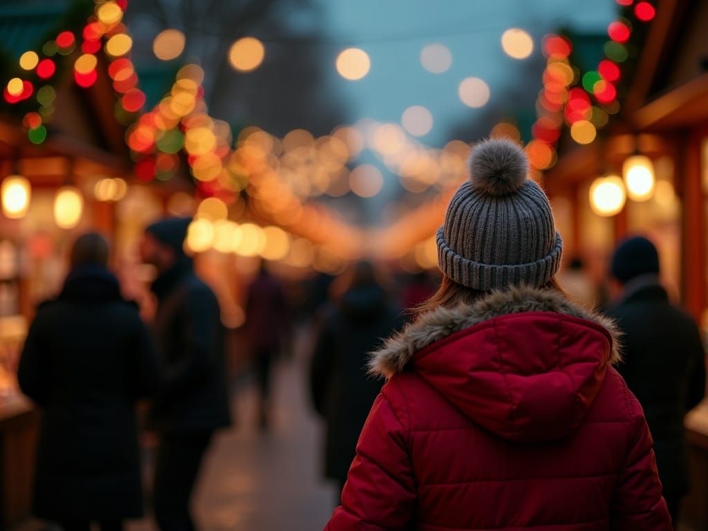 Familie vizitând un târg de Crăciun în Londra, decorată festiv cu lumini roșii, verzi și aurii