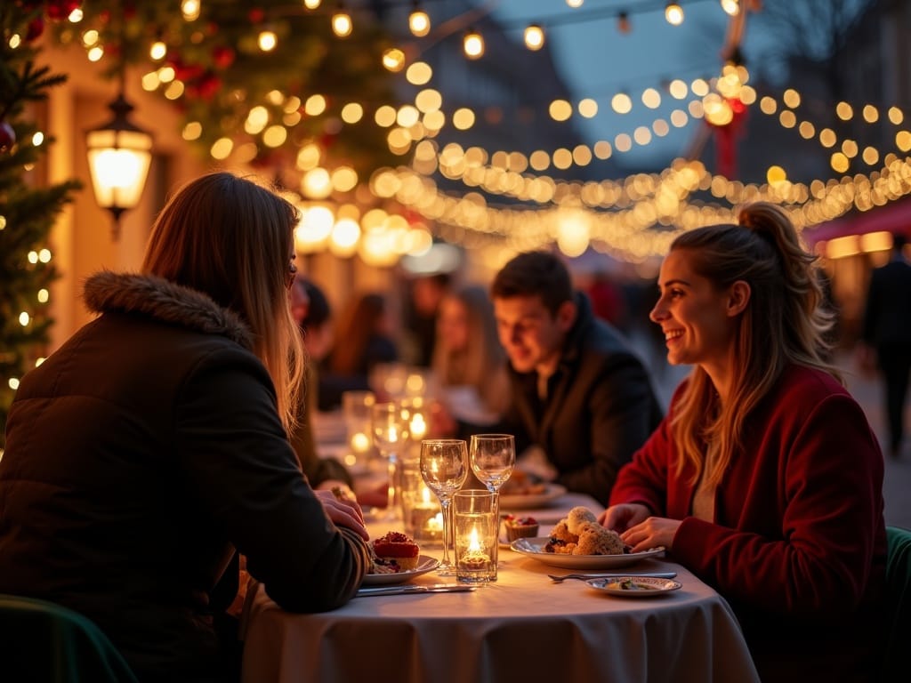 Familie românească bucuroasă la târg de Crăciun în Marea Britanie, seara, cu lumini festive