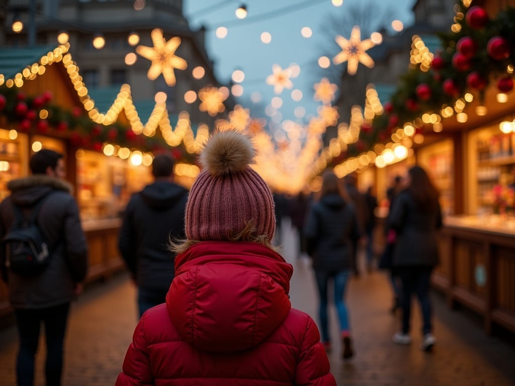 Familie românească vizitând un târg de Crăciun din Londra seara, sub lumini festive