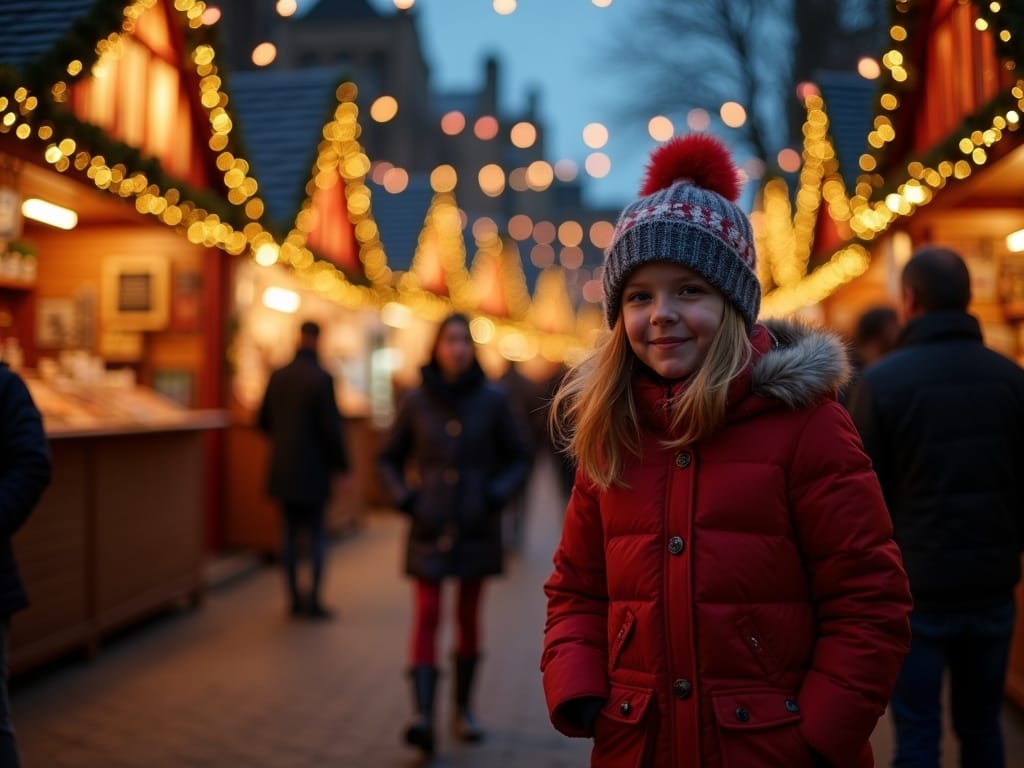 Familie românească la piața de Crăciun din Londra, seara, sub luminițe festive