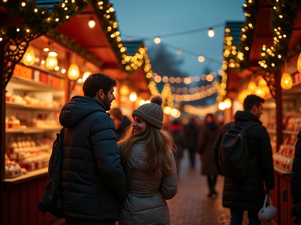 Familie românească vizitând un târg de Crăciun în Regatul Unit, seara, cu lumini festive