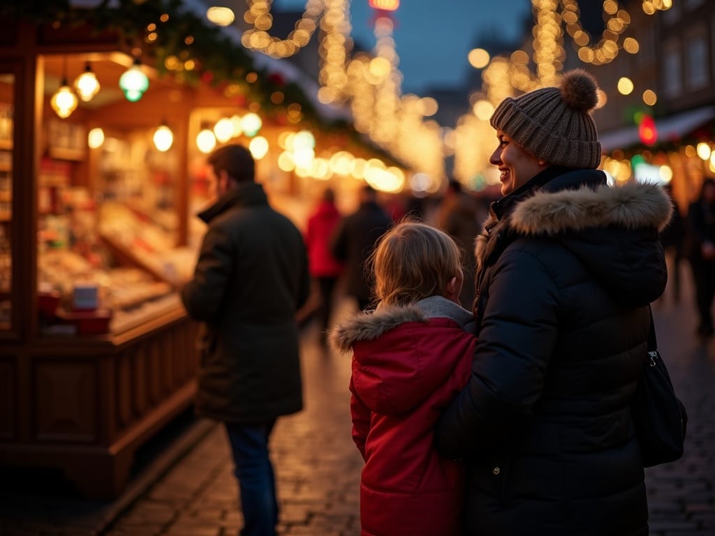 Familie românească la piață de Crăciun în Regatul Unit, seara, sub lumini festive