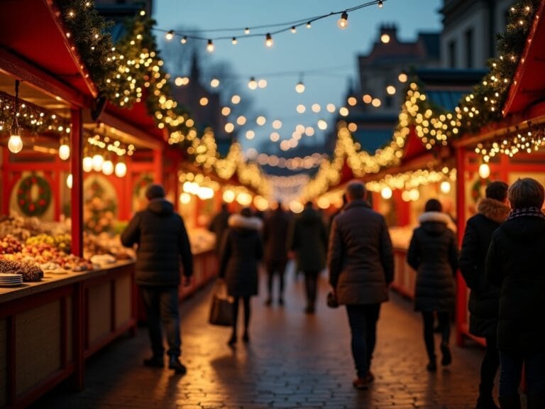 Familie vizitând o piață de Crăciun în apropiere de Londra seara, cu lumini festive