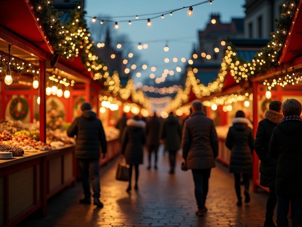 Familie vizitând o piață de Crăciun în apropiere de Londra seara, cu lumini festive