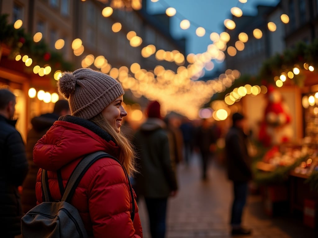 Familie explorând un târg de Crăciun britanic sub lumini festive