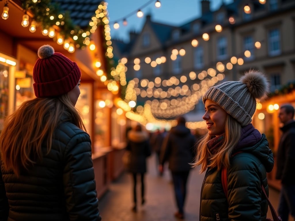 Familie vizitând o piață de Crăciun în UK sub lumini festive seara