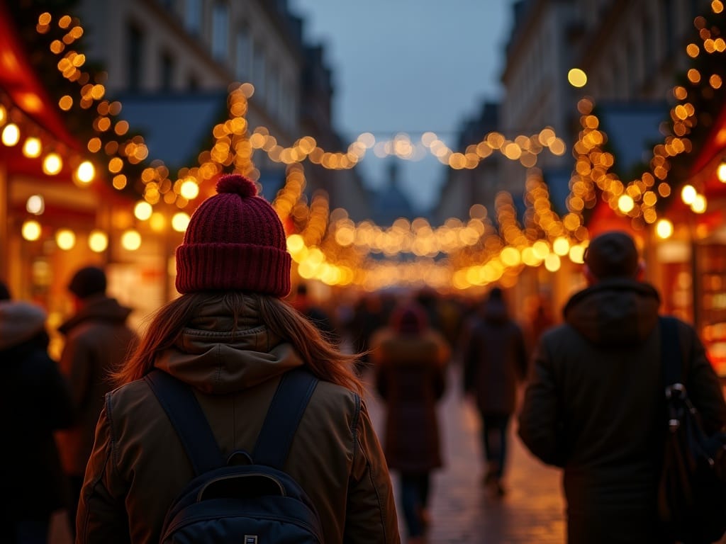 Familie românească vizitând piața de Crăciun din Londra seara, cu lumini festive și decor roșu-verde strălucitor