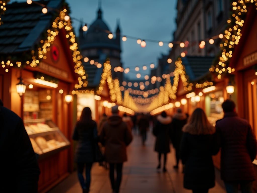 Familie românească bucurându-se de lumini festive la un târg de Crăciun din Londra