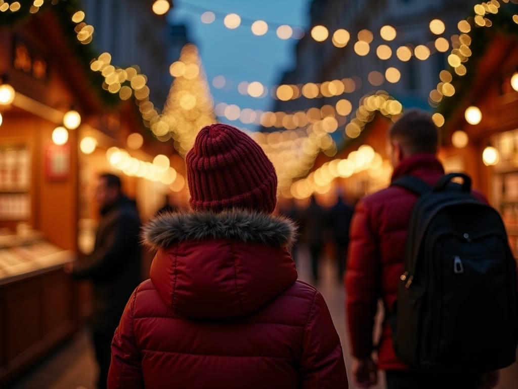 Familie din România la piața de Crăciun din Londra, seara, printre lumini festive