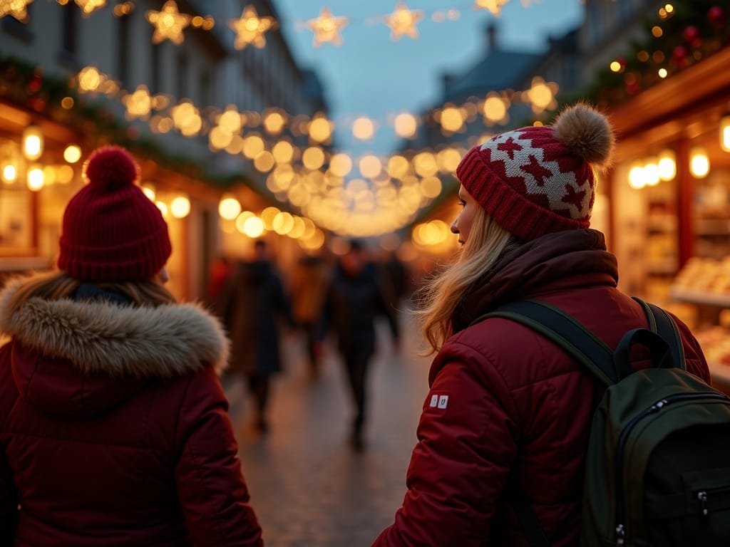 Familie românească vizitează un târg de Crăciun în Regatul Unit seara sub luminile festive