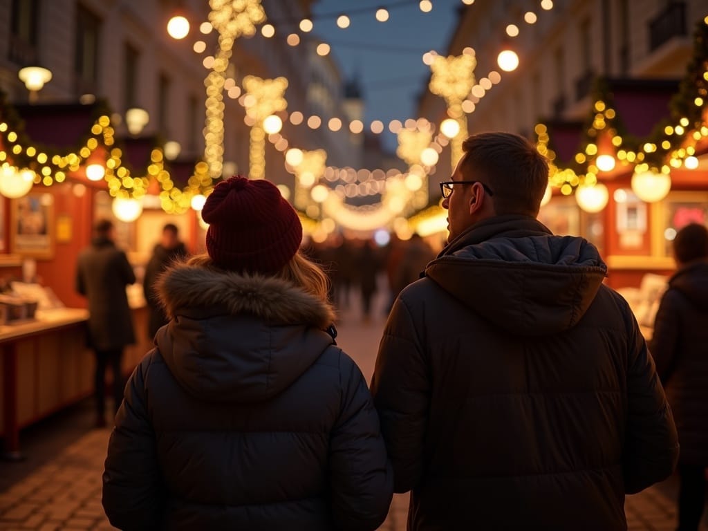 Familie românească la piață de Crăciun din Londra, sub lumini de seară