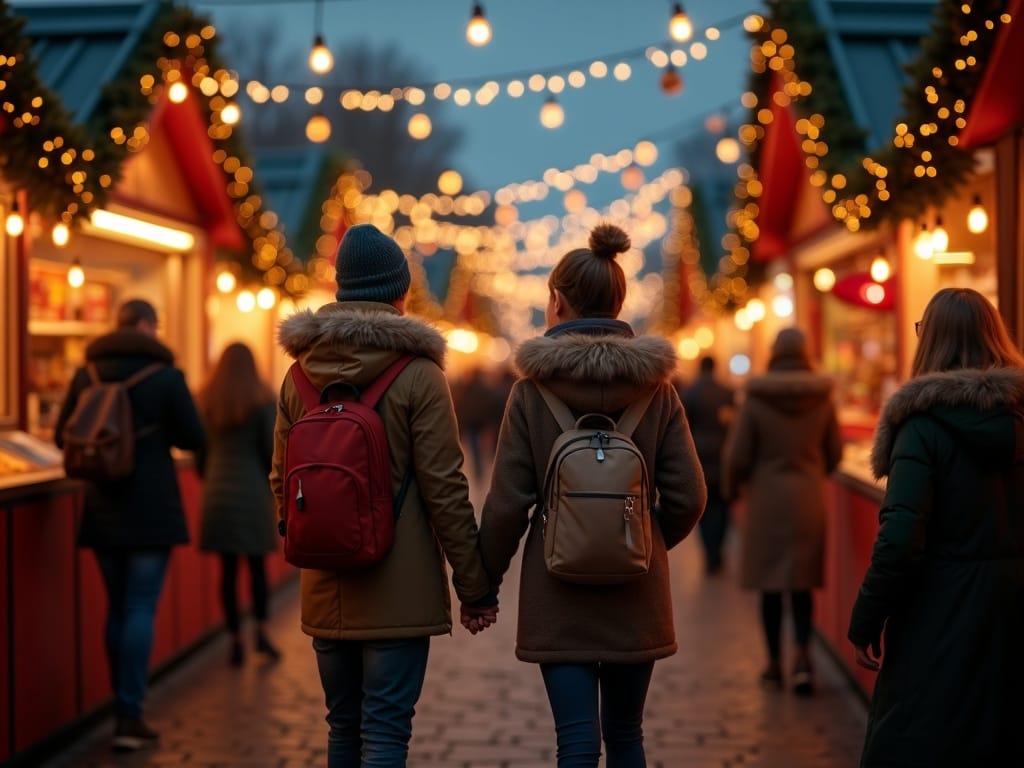 Familie românească bucurându-se de luminile festive la o piață de Crăciun din Regatul Unit