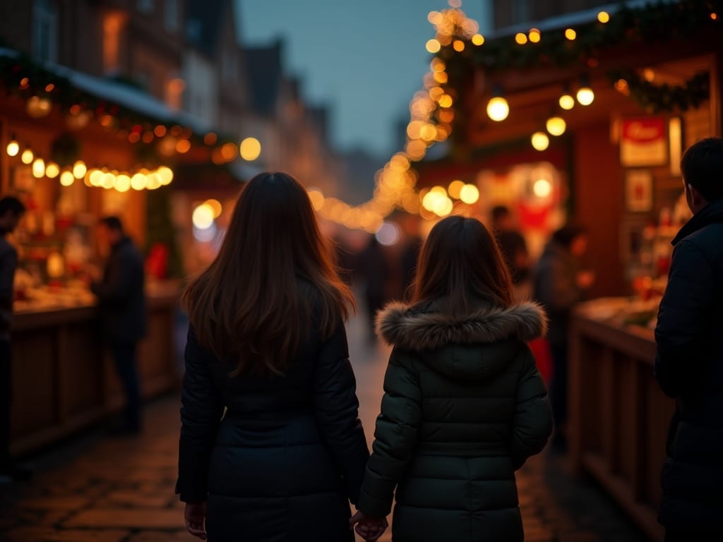 Familie română la piața de Crăciun în Regatul Unit, seară festivă