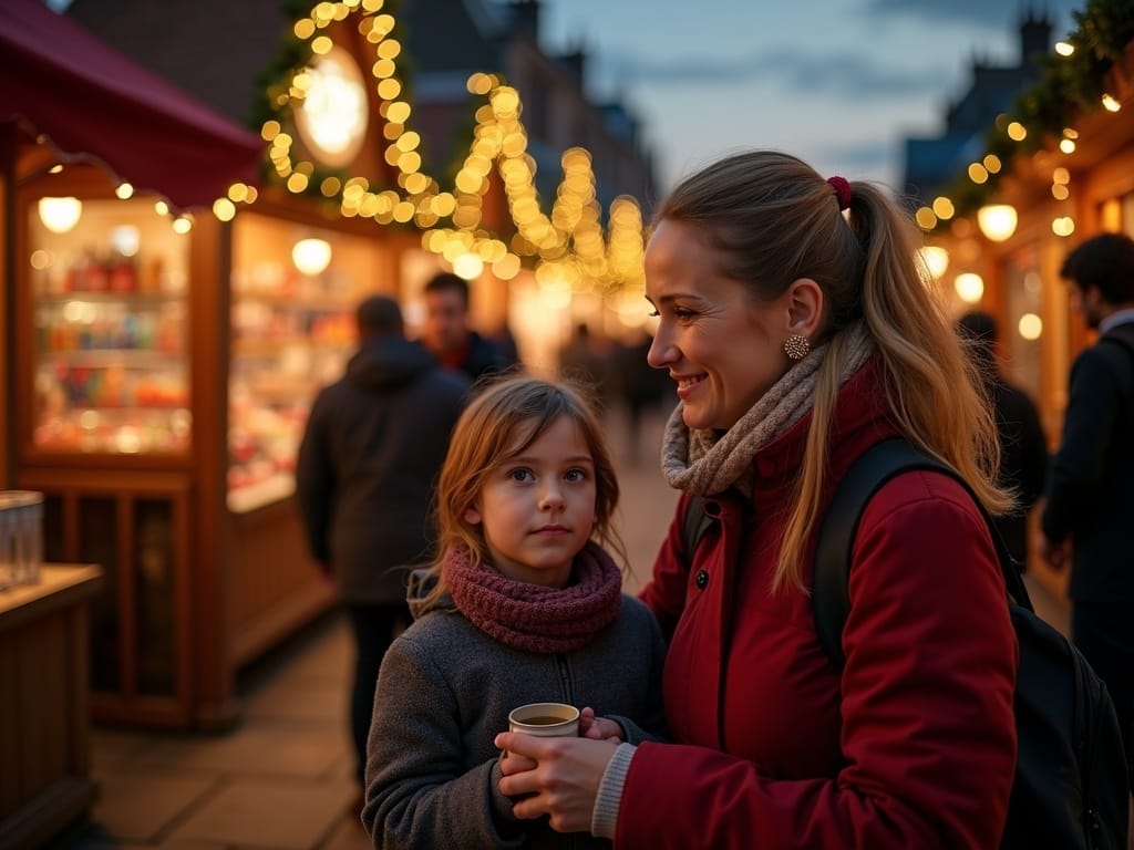 Familie românească la un târg de Crăciun în Marea Britanie, seara, cu lumini festive