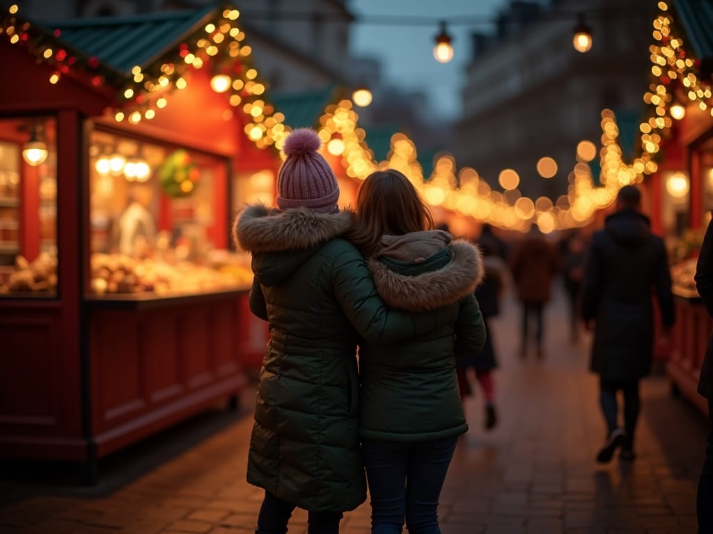 Familie românească vizitând o piață de Crăciun în Regatul Unit, seara, sub lumini festive