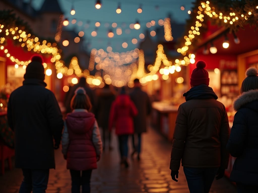 Familie românească vizitează un târg de Crăciun festiv în Regatul Unit, seara, printre lumini roșii, verzi și aurii