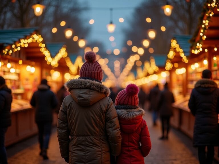 Familie românească vizitând un târg de Crăciun din Londra seara, iluminat festiv