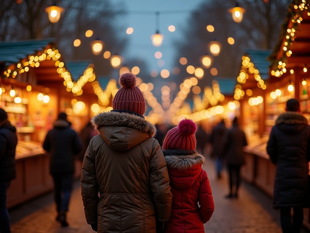 Familie românească vizitând un târg de Crăciun din Londra seara, iluminat festiv