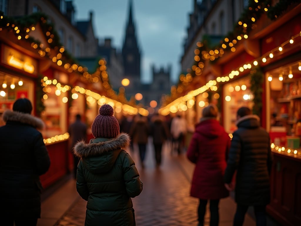 Familie fericită vizitând o piață de Crăciun în Edinburgh seara sub lumini festive