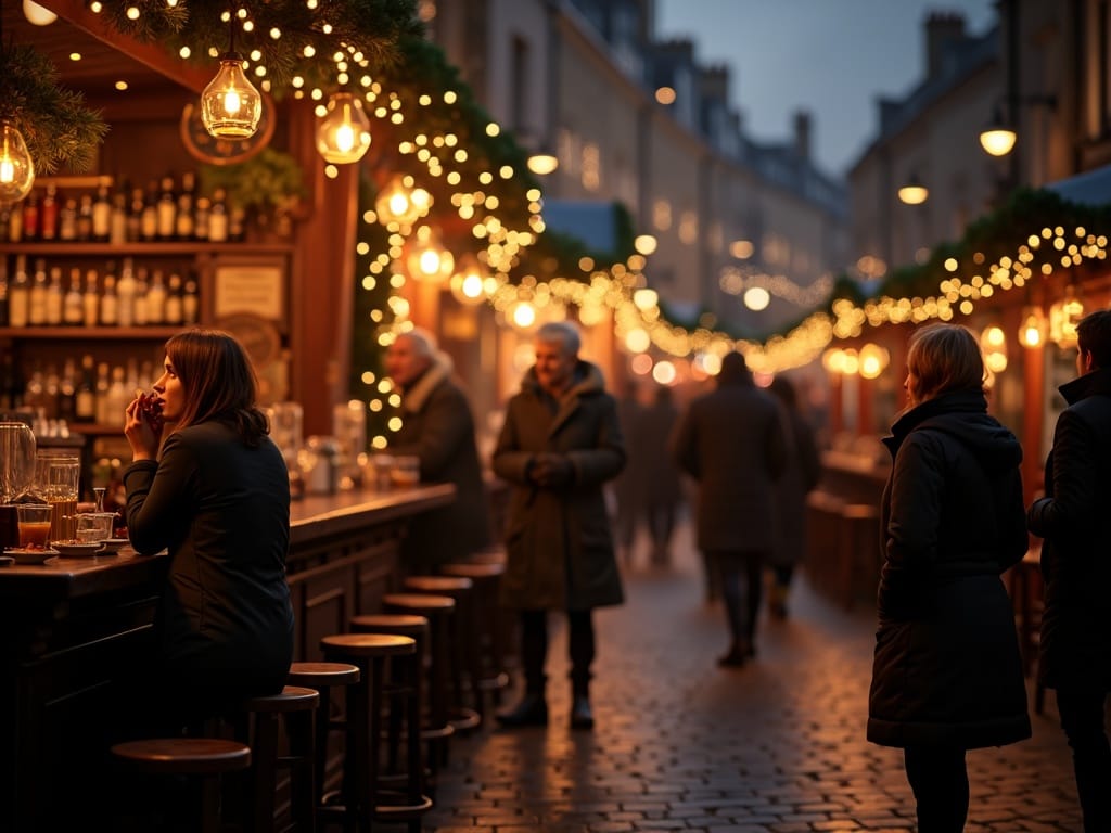 Familie românească vizitând un târg de Crăciun în Regatul Unit seara, sub lumini festive