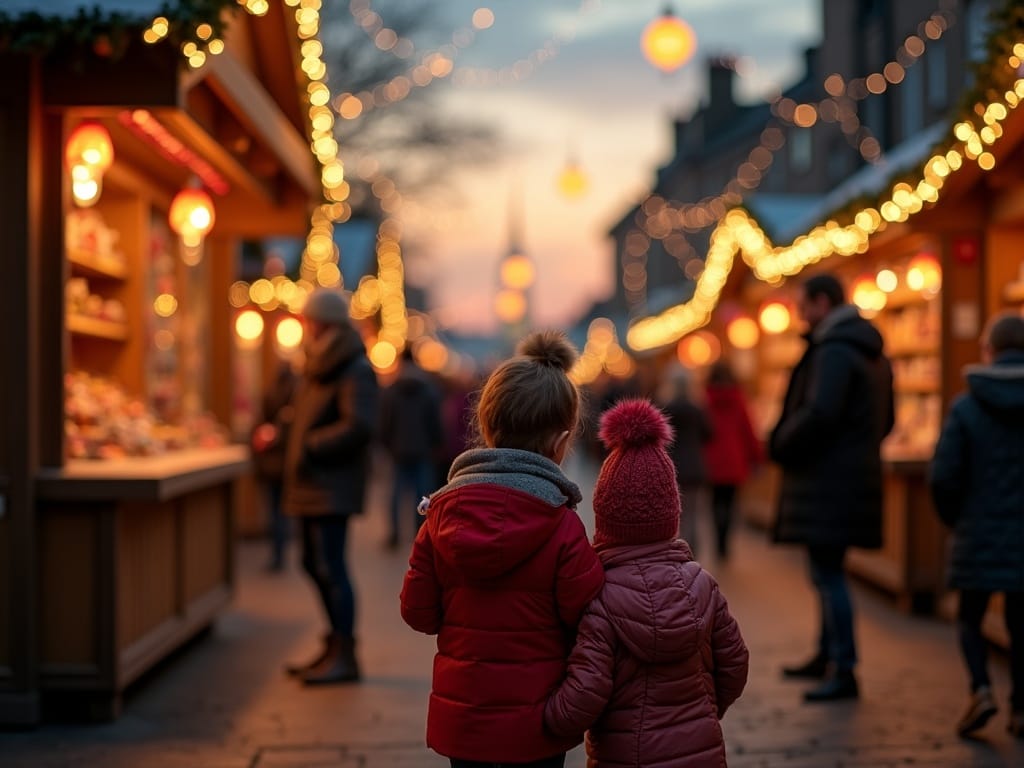 Familie românească vizitând un târg de Crăciun din Regatul Unit seara