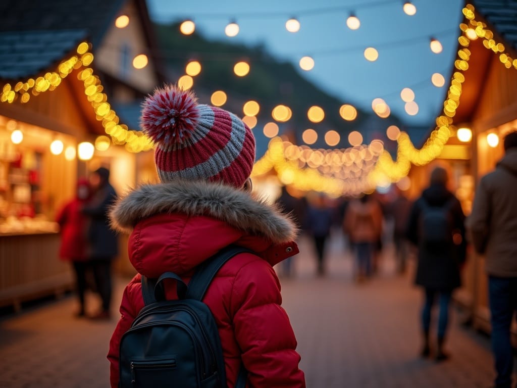 Familie românească vizitând un târg de Crăciun în Marea Britanie seara, cu lumini festive