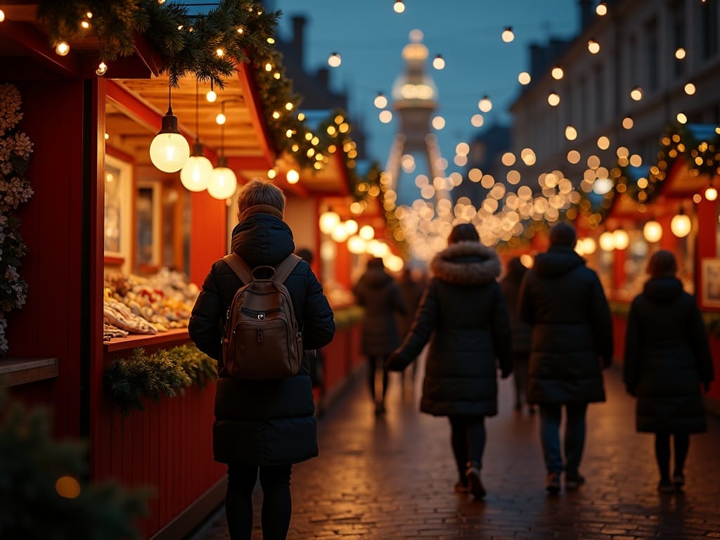 Familie bucuroasă la târg de Crăciun în Regatul Unit, seara, cu lumini festive