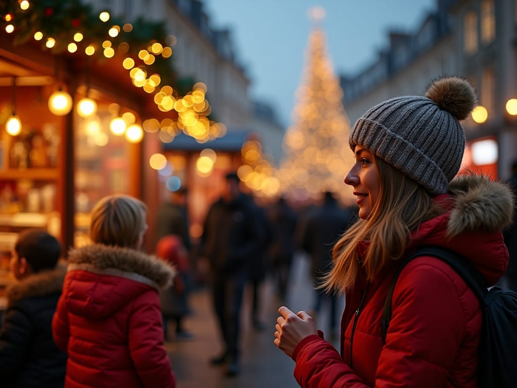 Familie bucuroasă la târg de Crăciun în UK, sub lumini festive