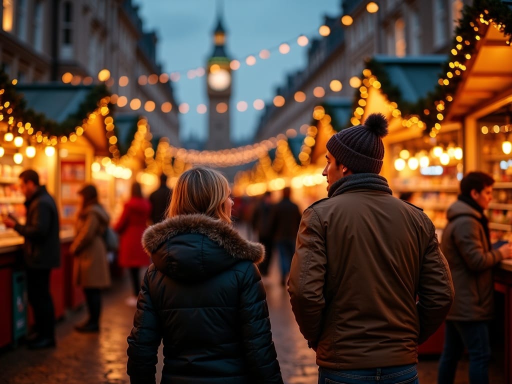 Familie vizitând o piață de Crăciun iluminată din Londra seara