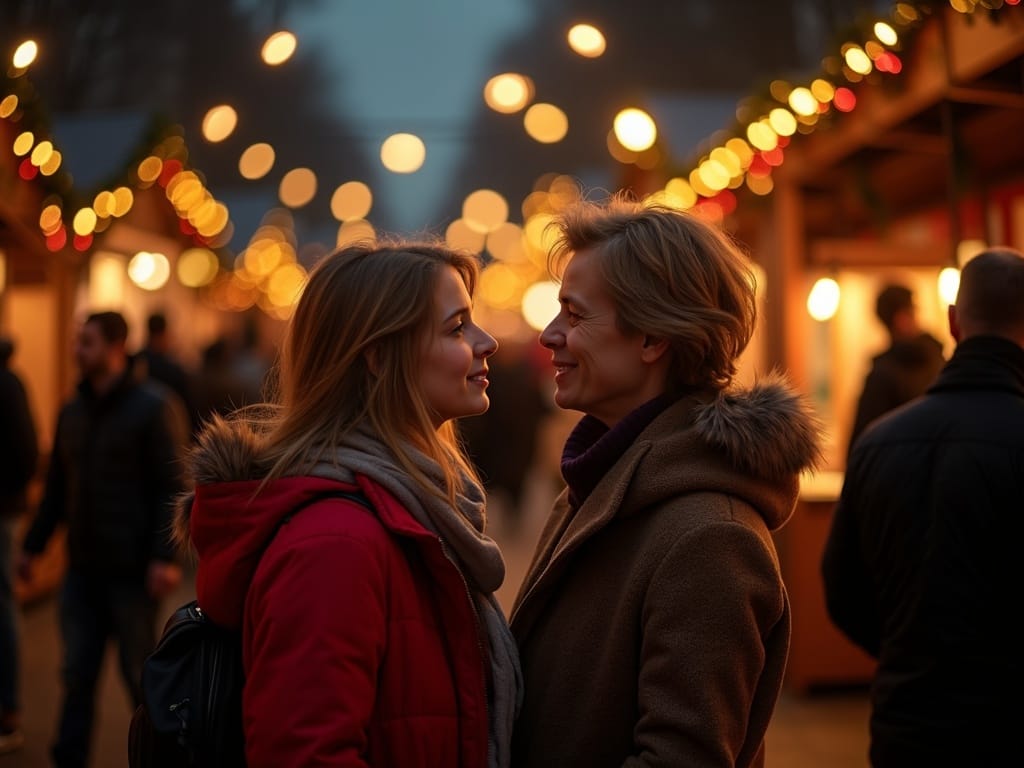 Familie românească la târgul de Crăciun din Londra, seara, sub lumini festive