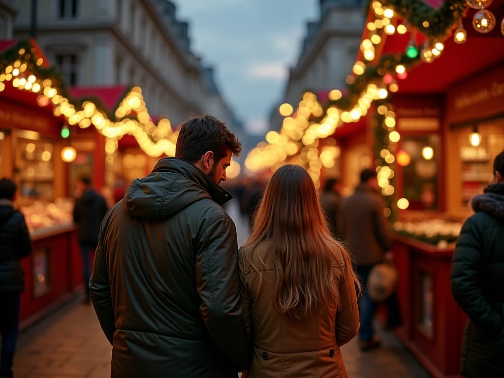 Familie din România vizitând piață de Crăciun în Londra seara