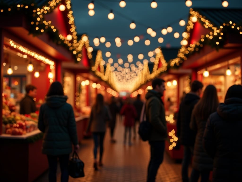 Familie românească la târg de Crăciun în Regatul Unit, seara, luminat festiv