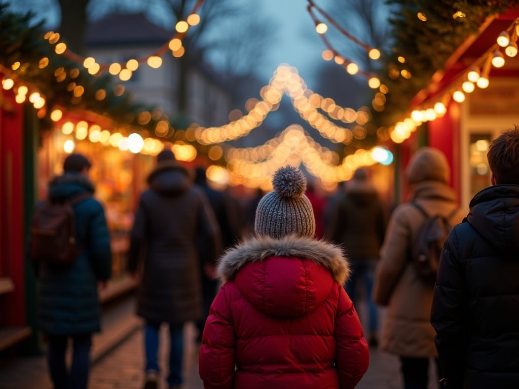 Familie românească vizitează o piață de Crăciun în Marea Britanie seara, decor festiv cu lumini roșii, verzi și aurii