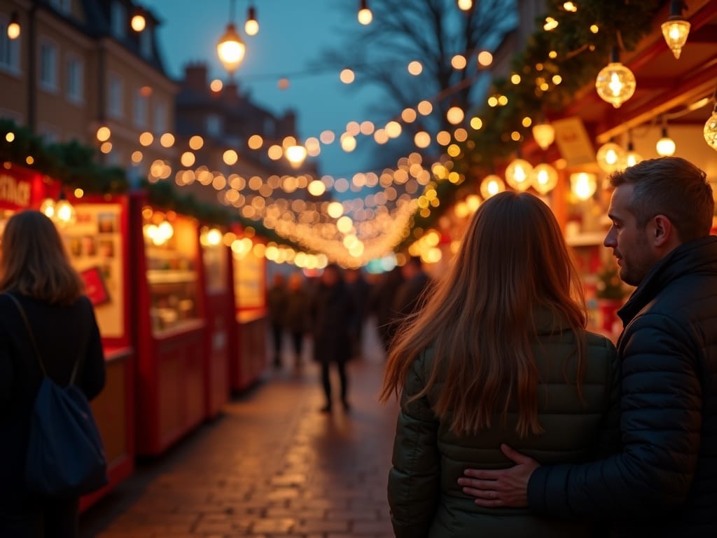 Familie românească bucurându-se de o piață de Crăciun din UK seara