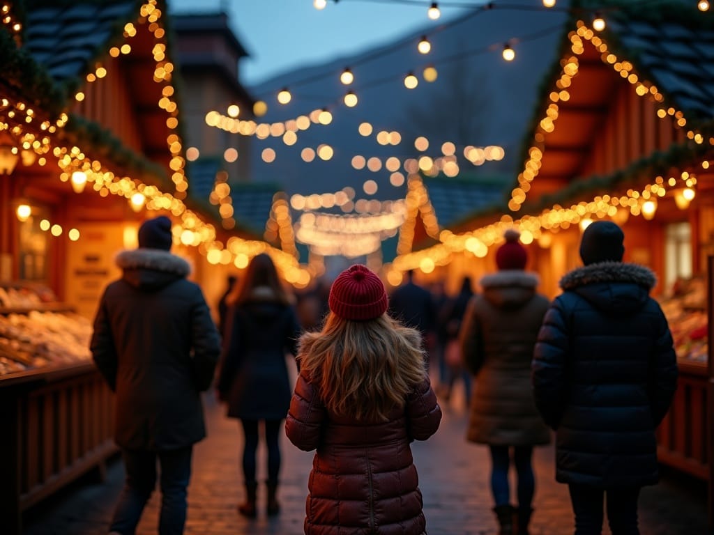Familie românească la târg de Crăciun din UK, se bucură de lumini festive și atmosferă caldă de seară