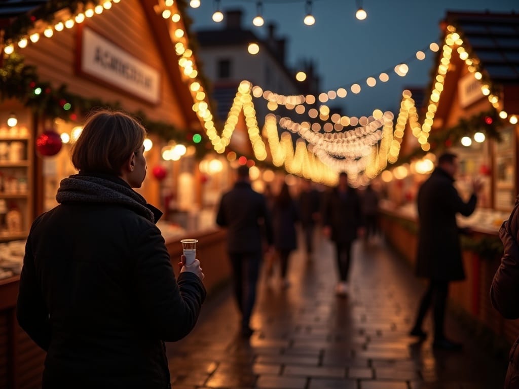 Familie românească vizitează o piață de Crăciun din Regatul Unit, seara, sub lumini festive