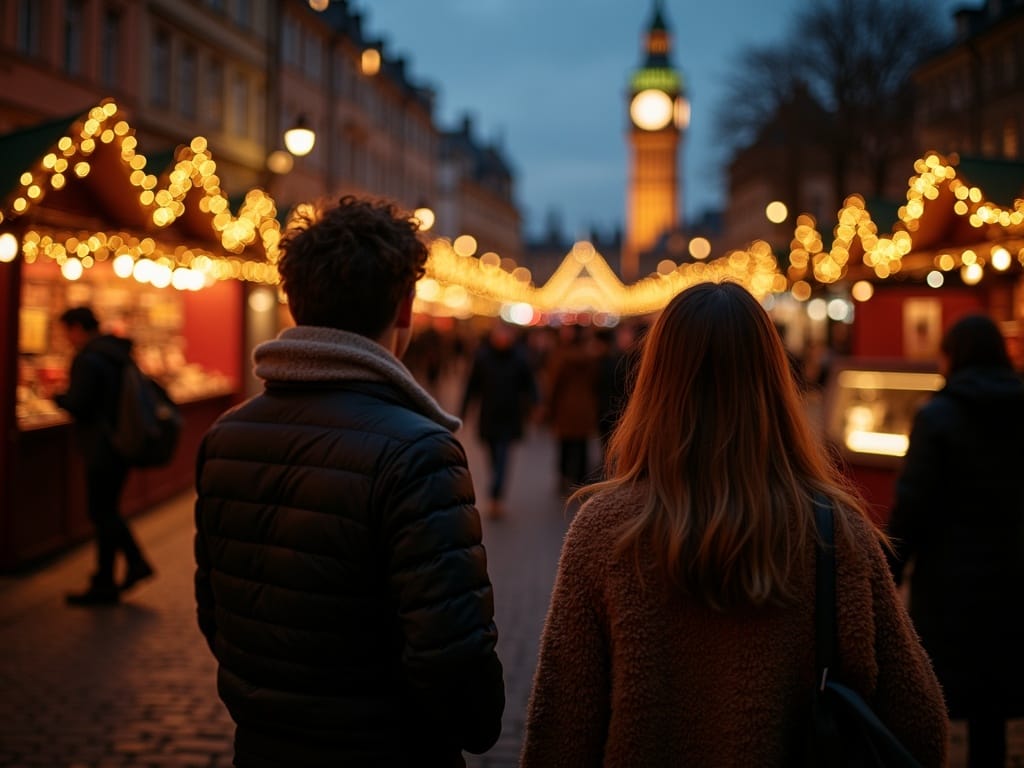 Familie vizitând o piață de Crăciun din Marea Britanie, sub lumini festive