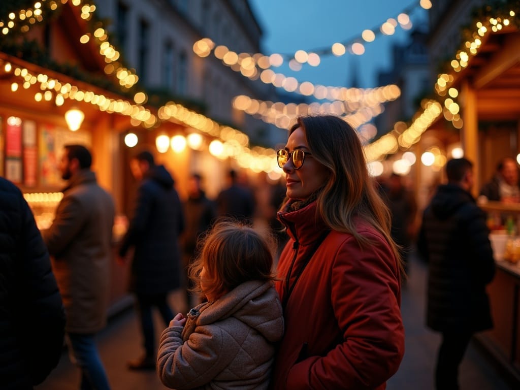 Familie vizitând o piață de Crăciun în UK seara, între lumini festive