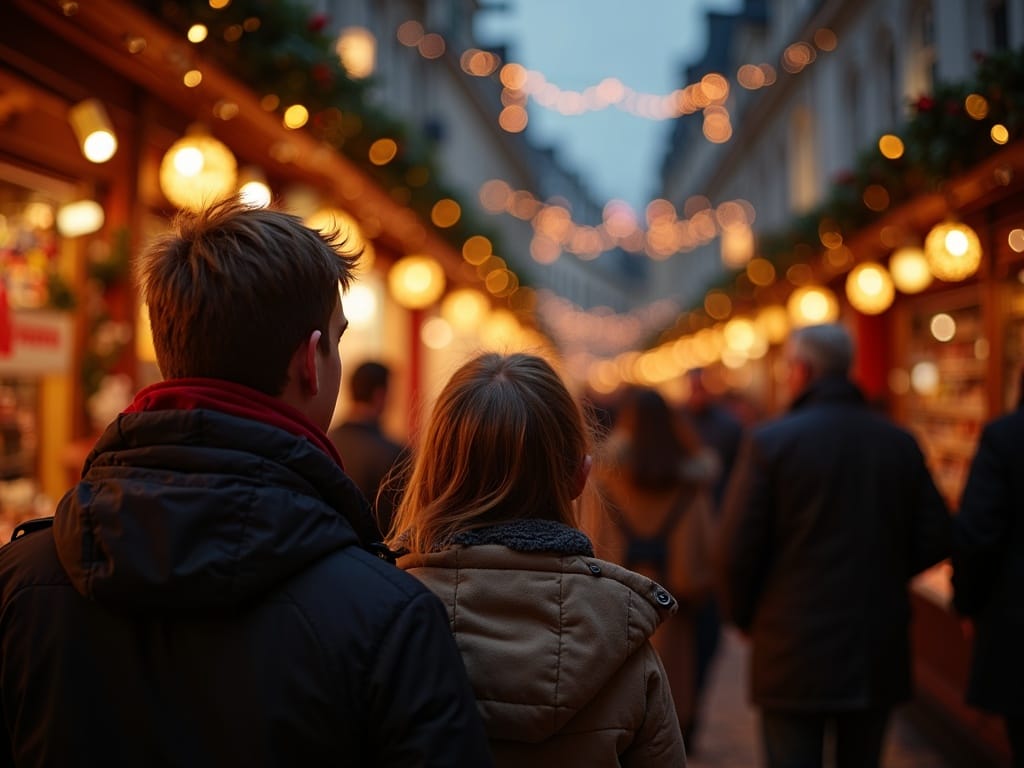 Familie vizitând târg de Crăciun din UK cu lumini festive seara