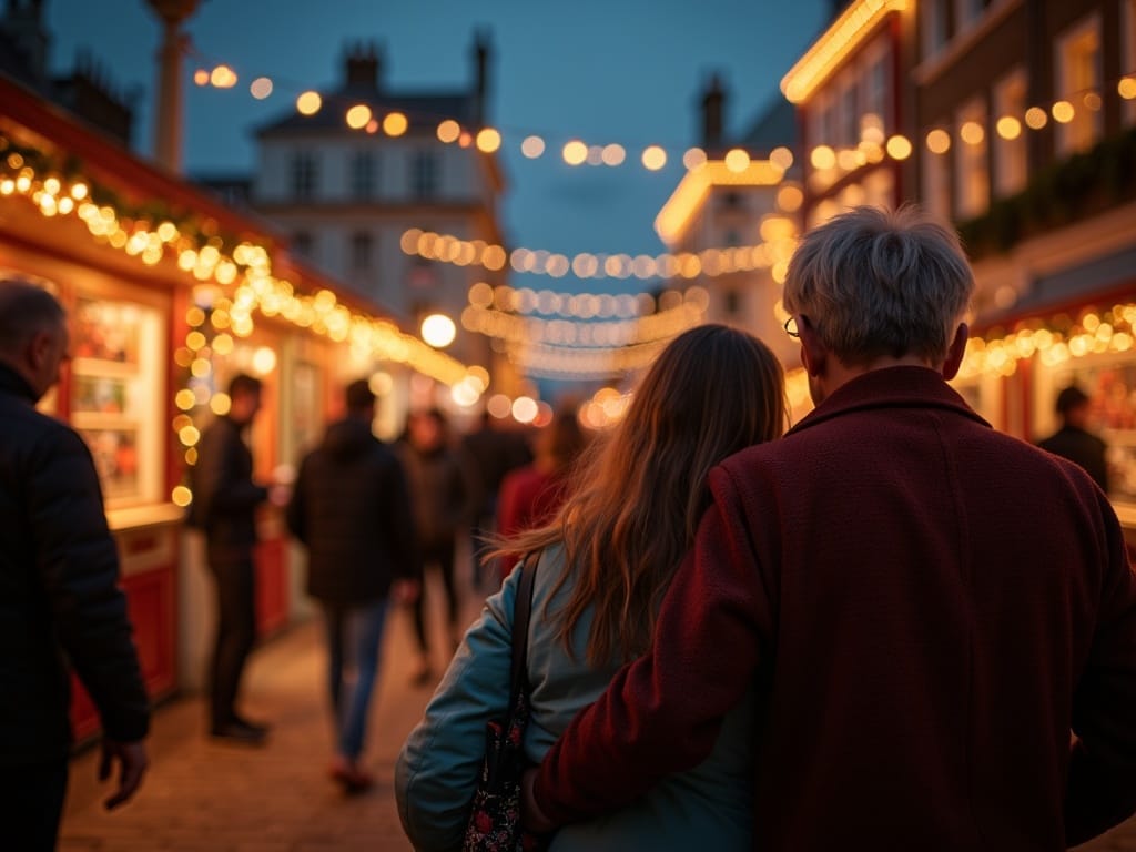 Familie românească la târg de Crăciun în Brighton, seara, printre luminițe festive