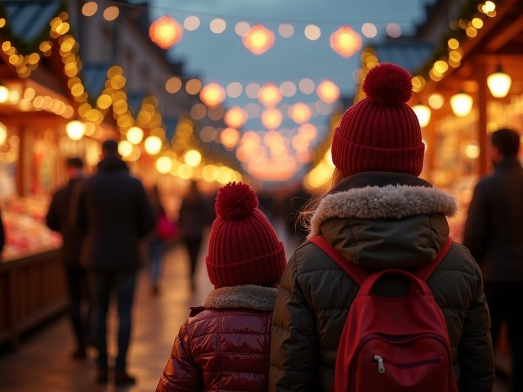 Familie românească bucurându-se de o piață de Crăciun în Regatul Unit, seara, sub lumini festive