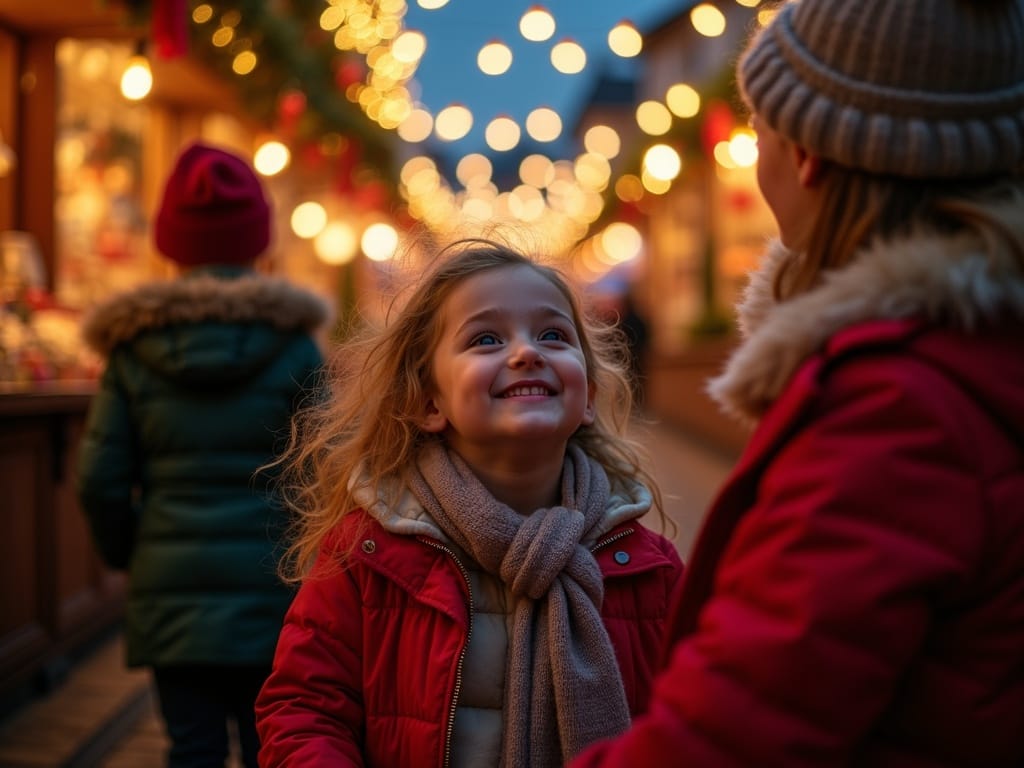 Familie română vizitând târgul de Crăciun din Regatul Unit seara