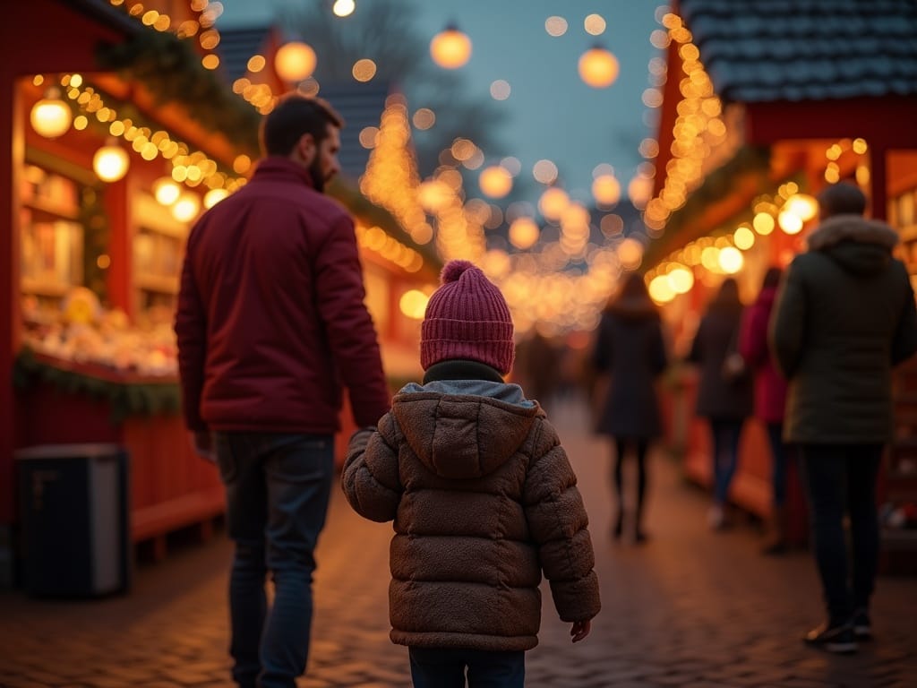 Familie română vizitând un târg de Crăciun în Regatul Unit seara, sub lumini festive