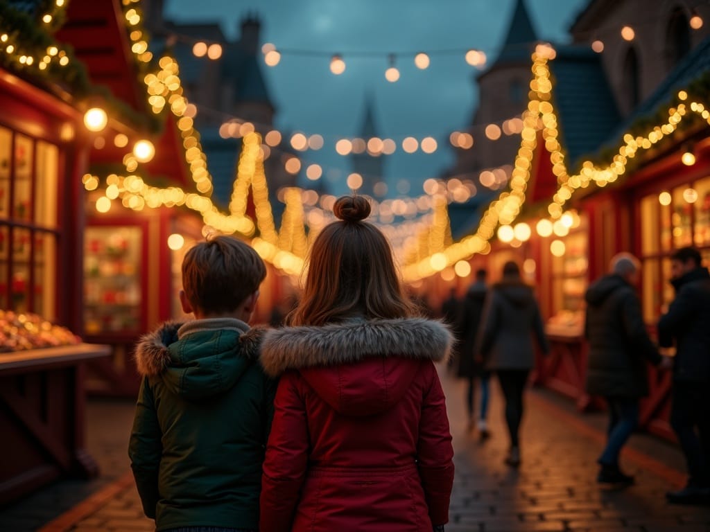 Familie românească la un târg de Crăciun britanic, sub lumini festive