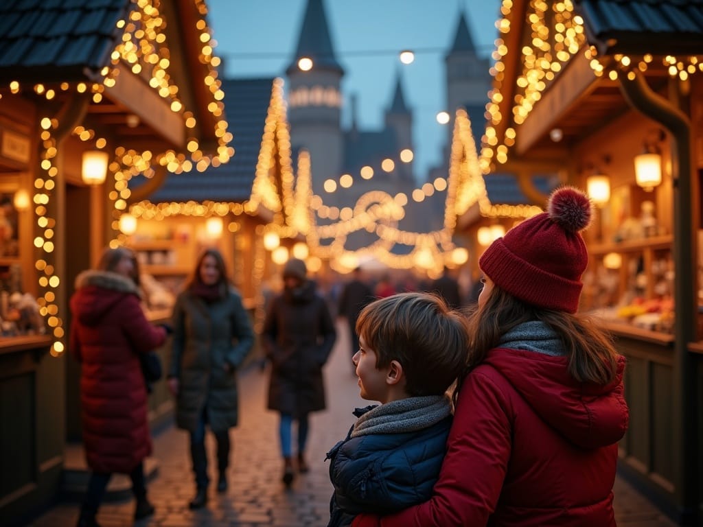 Familie românească vizitând o piață de Crăciun festivă în Regatul Unit, seara