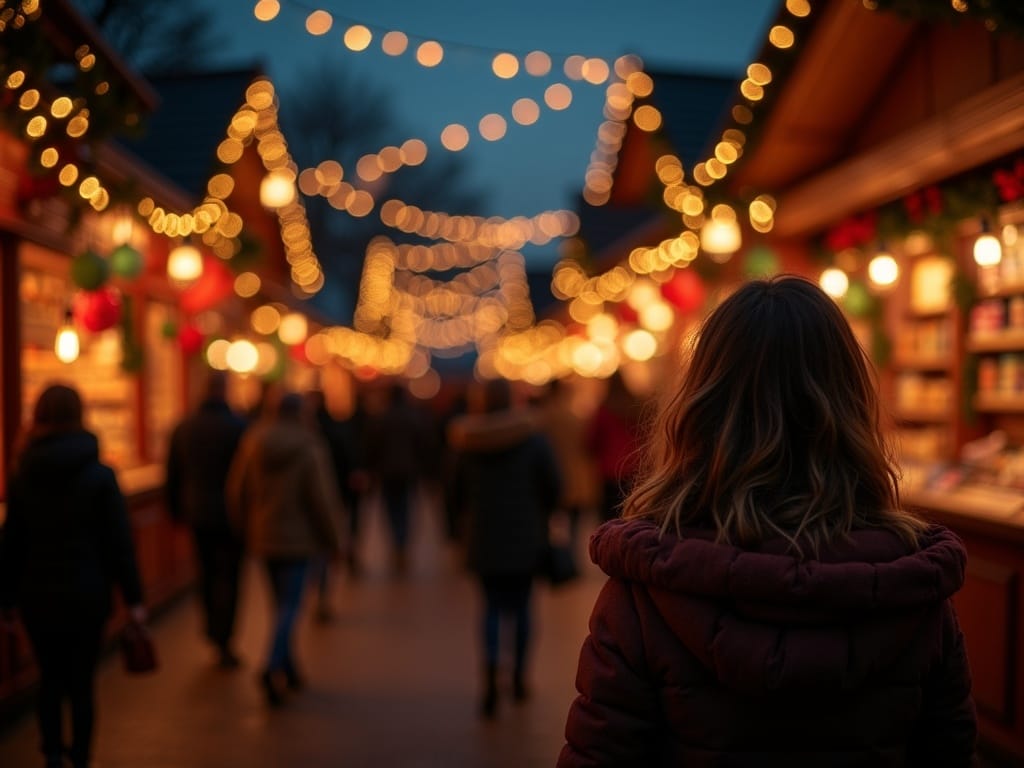 O familie românească vizitează un târg de Crăciun în Regatul Unit, seara, cu lumini festive în decor