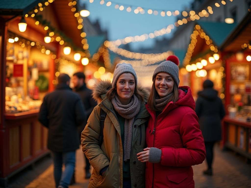 Familie română bucurându-se de luminile pieței de Crăciun din Regatul Unit