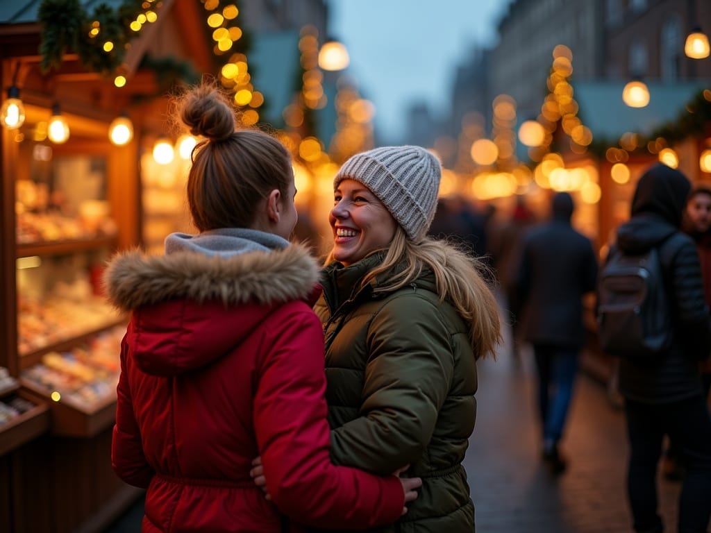 Familie la târg de Crăciun în Regatul Unit, seara, sub luminițe festive