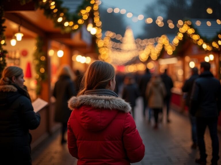 Familie românească la piață de Crăciun din UK sub luminițe festive