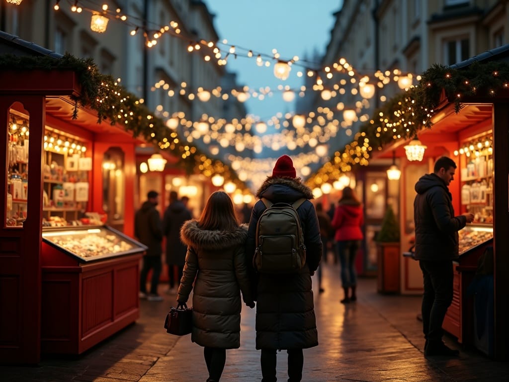 Familie explorând un târg de Crăciun londonez decorat festiv seara